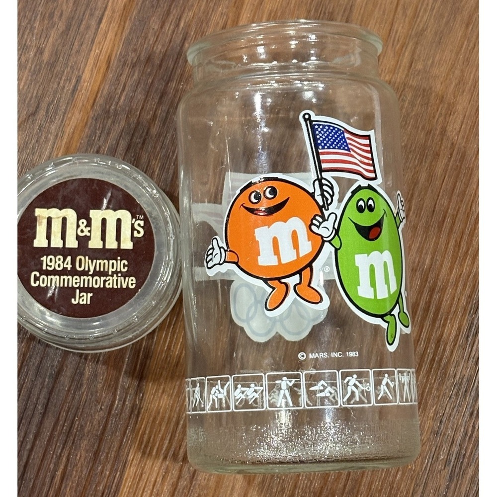 M&Ms 1984 Olympic Games Glass Jar Los Angeles USA Canister Container Candy Jar